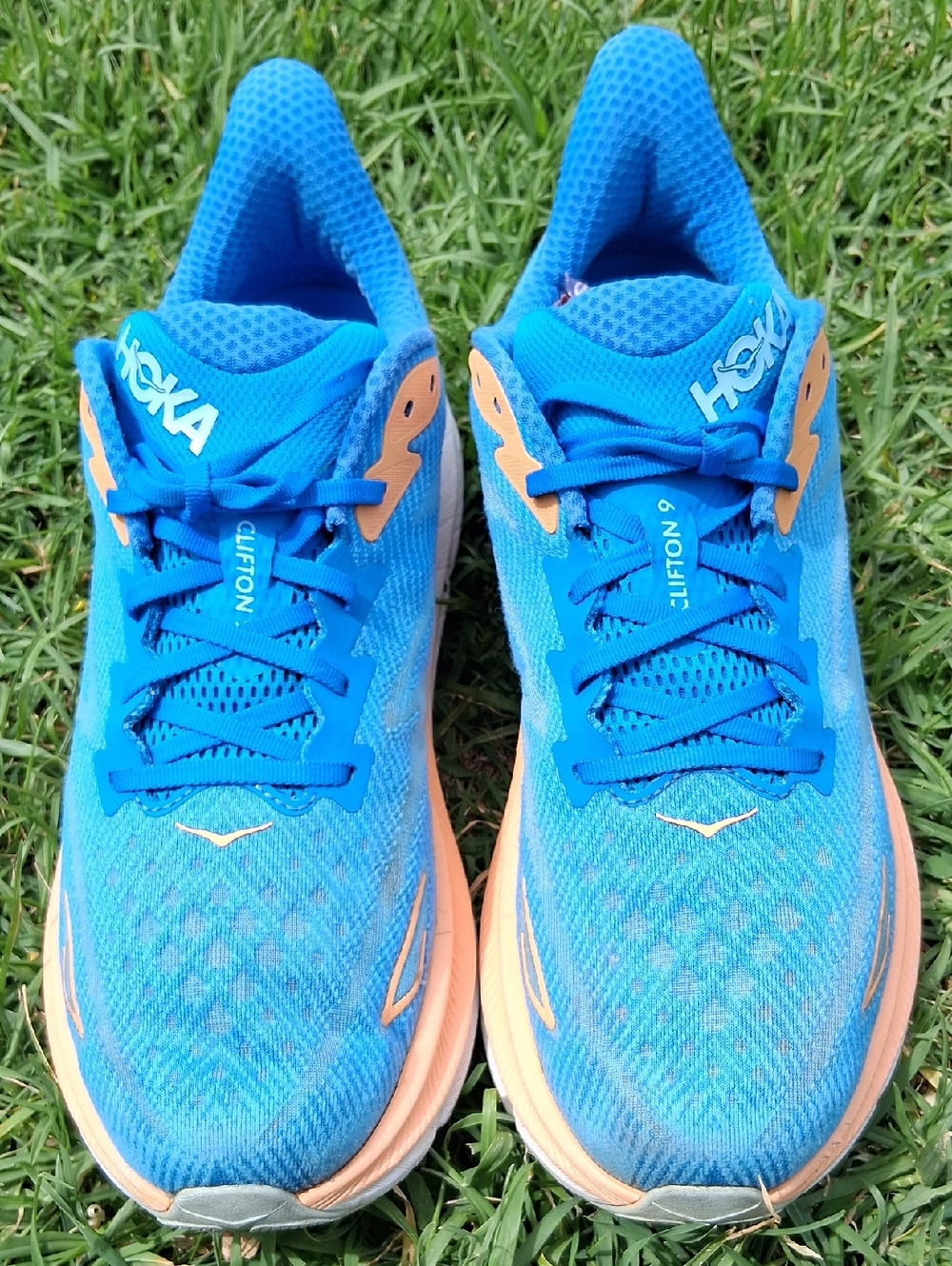 Hoka Clifton 9 Sneakers in Blue and Orange - Picture 8 of 13
